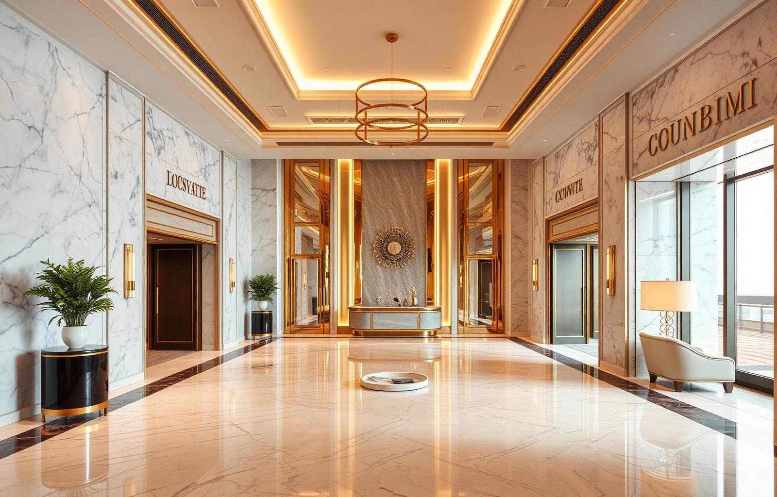Luxury branded residential lobby with marble and brass