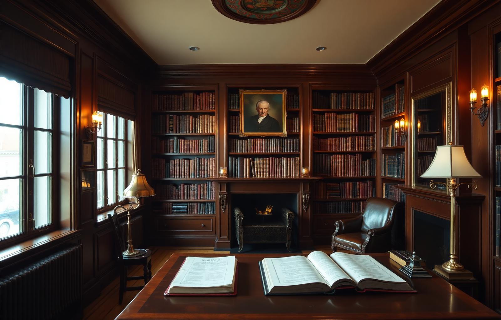 A wood-panelled study with leather-bound ledgers
