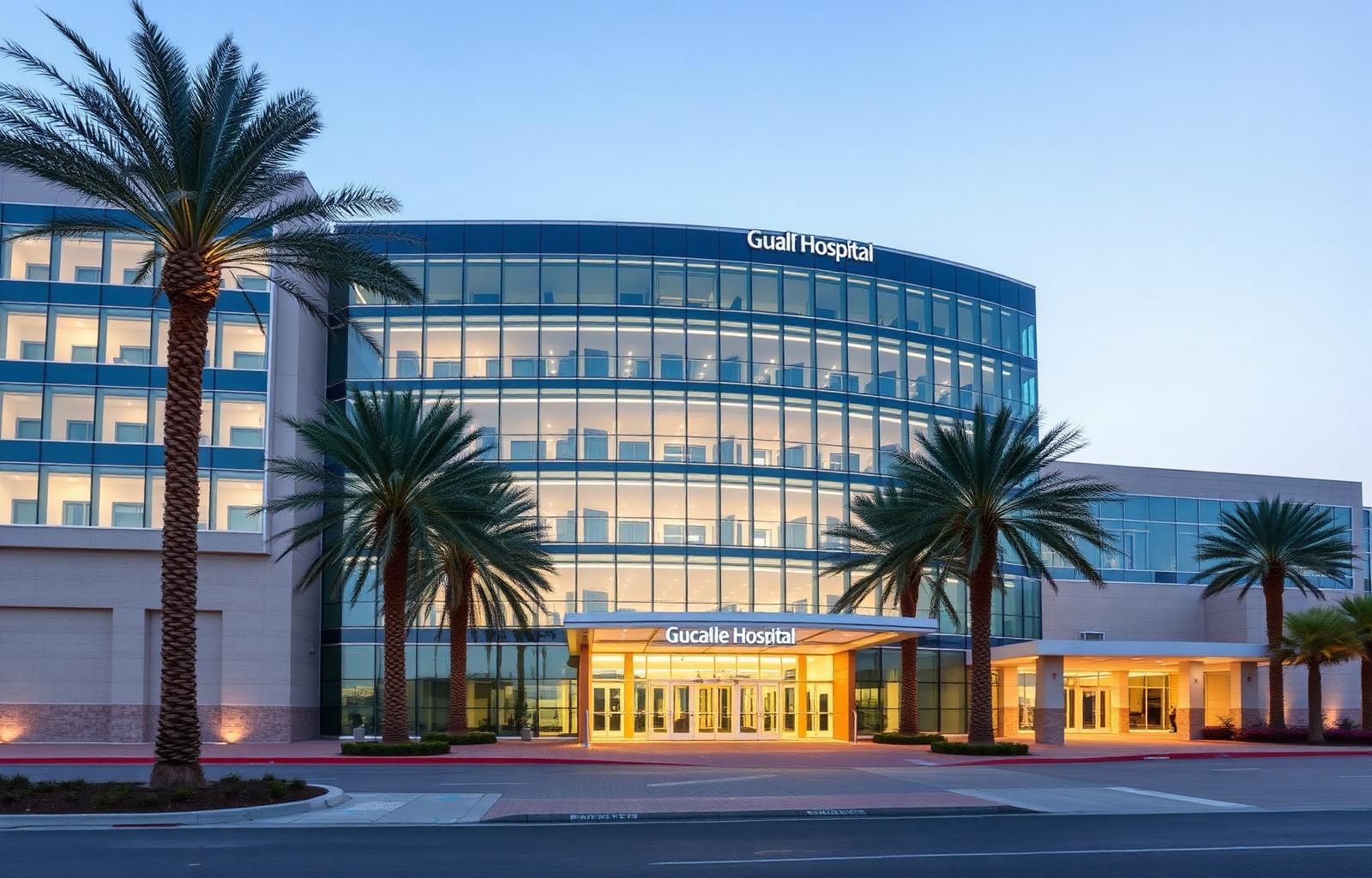 Modern Gulf hospital exterior at dusk