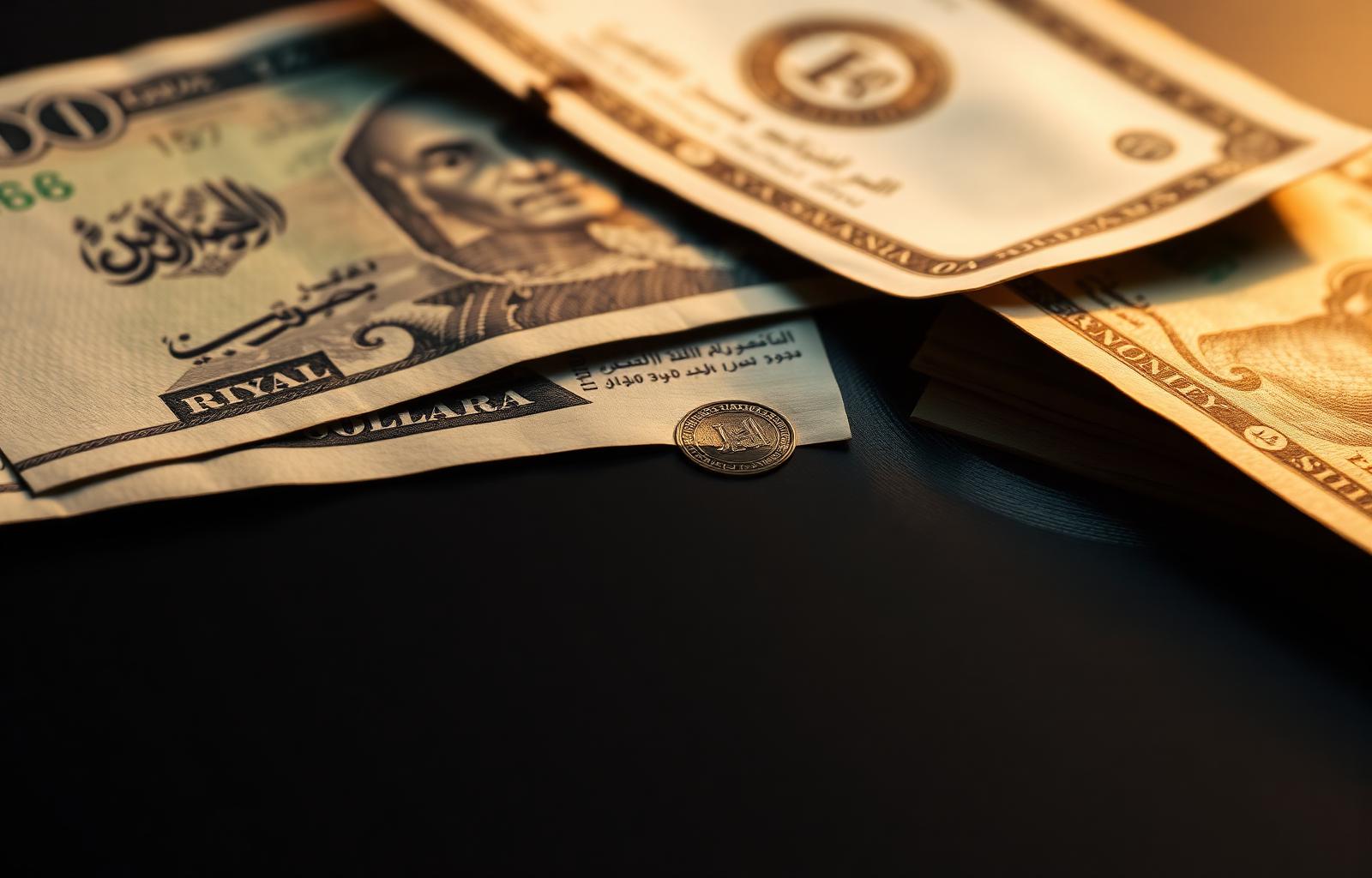 Gulf and US dollar banknotes layered on a dark surface