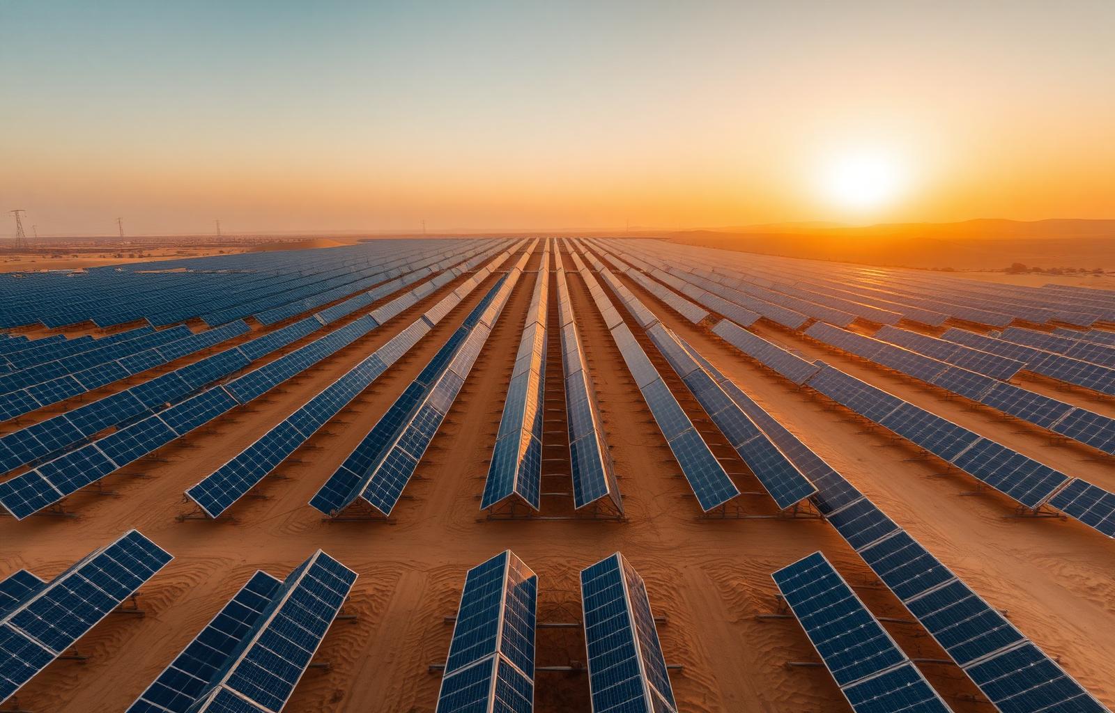 Aerial view of a desert solar farm at sunrise